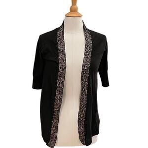 Express Cotton Black Short Sleeve Open Cardigan Sweater, Sequin Trim, Size M